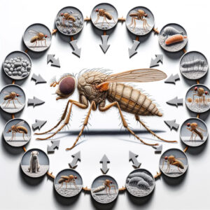 dall·e 2023 11 02 12.23.59 a hyperrealistic depiction of a sand fly positioned centrally surrounded by meticulously crafted small images that showcase the life cycle of the par