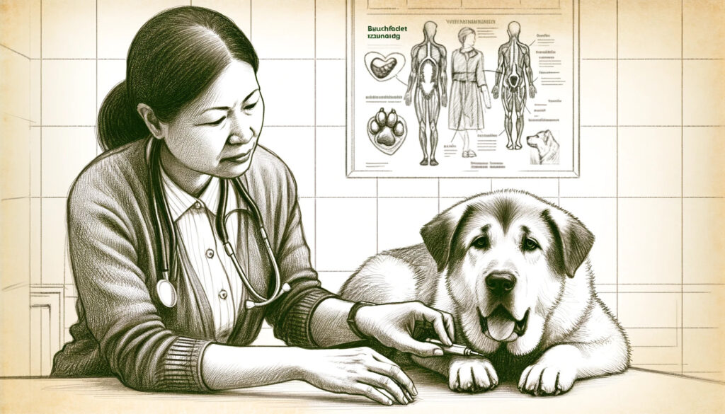 A sketch-style illustration of a veterinarian examining a dog showing symptoms of Bauchfellentzündung, including abdominal swelling and discomfort. Th