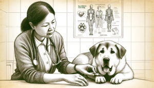 A sketch-style illustration of a veterinarian examining a dog showing symptoms of Bauchfellentzündung, including abdominal swelling and discomfort. Th