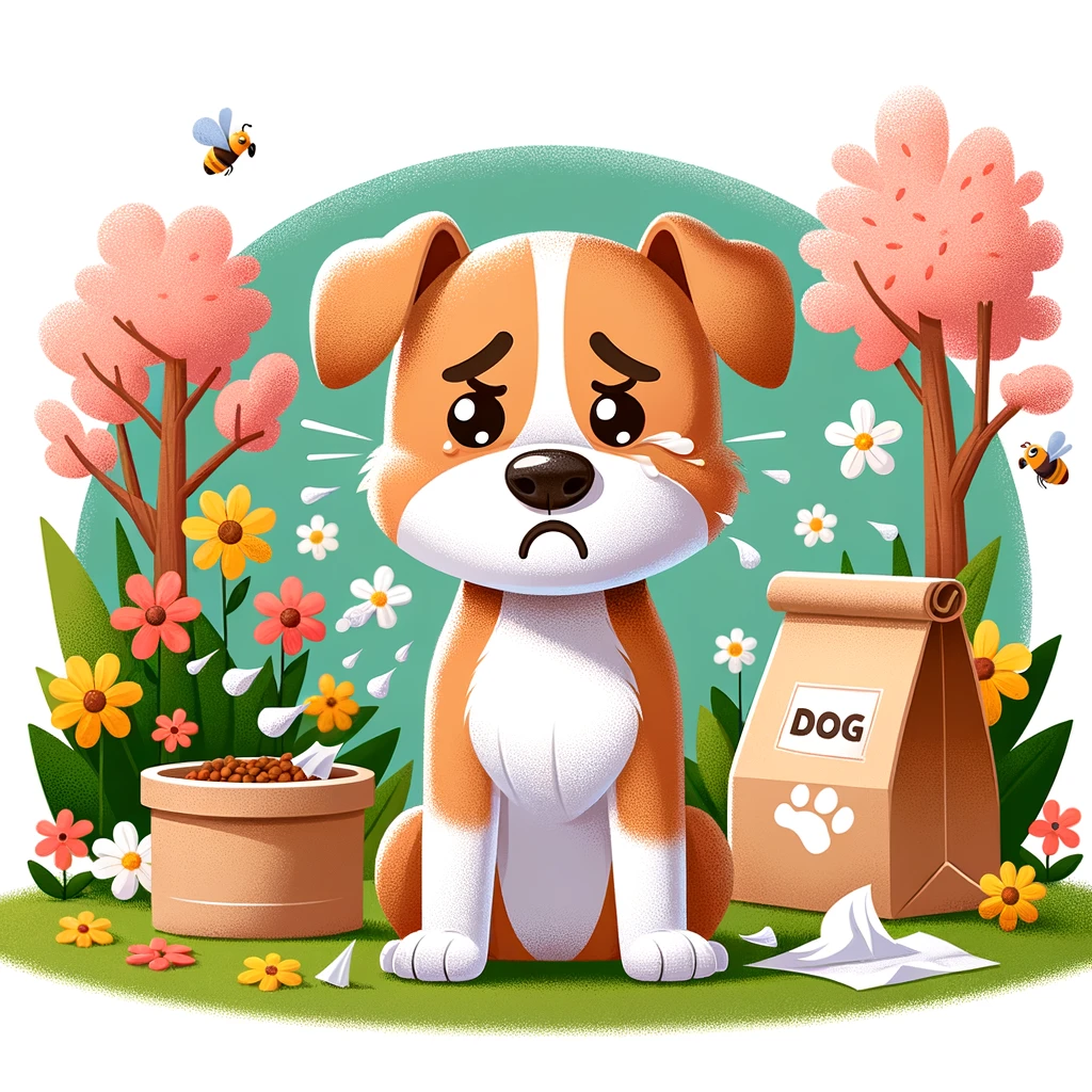 DALL·E 2024 03 09 10.19.59 A cartoon style image of a dog sitting outside with a visibly upset expression. The dog is surrounded by flowers and trees in full bloom suggesting a