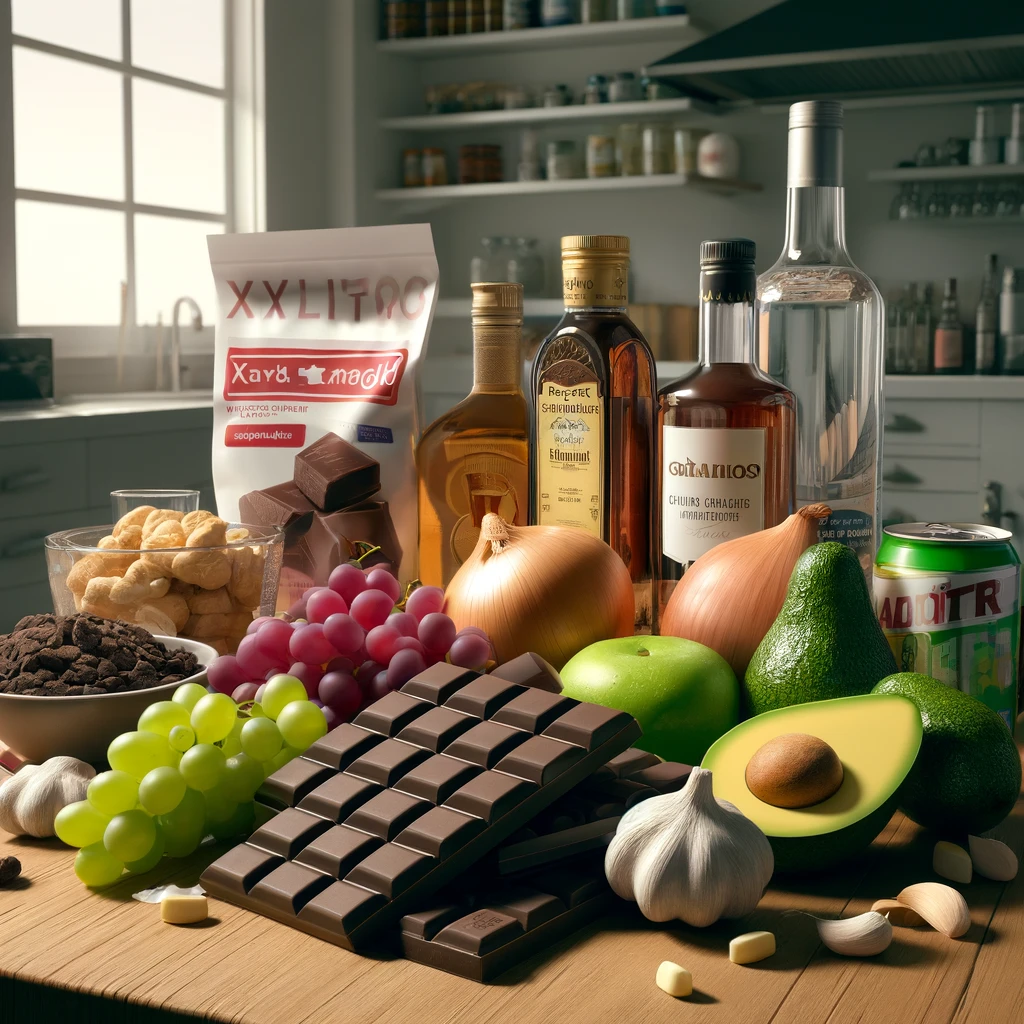 dall·e 2024 04 04 16.46.18 create a realistic image of a variety of foods that are toxic to dogs arranged neatly on a wooden kitchen table. include dark chocolate bars a bag o