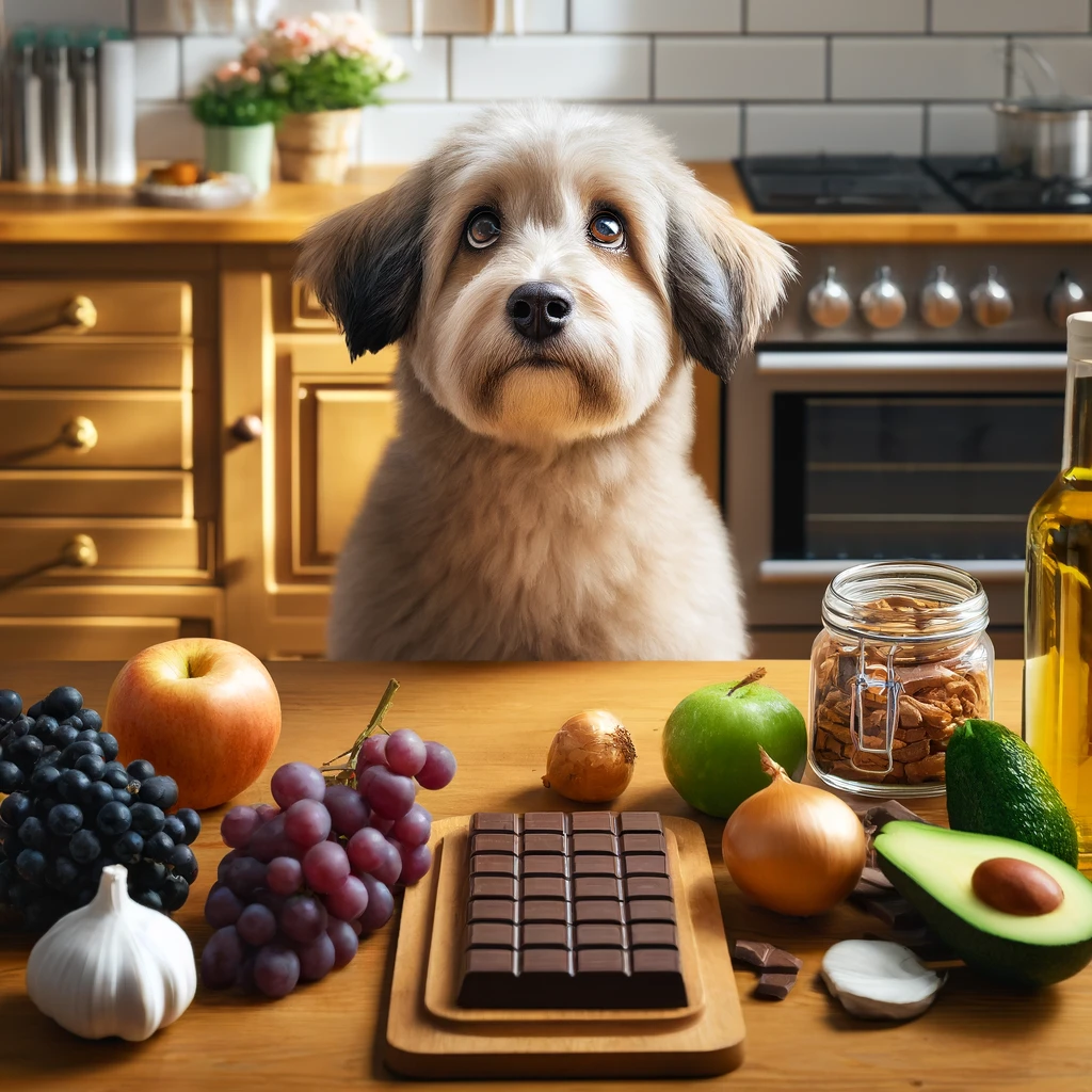 dall·e 2024 04 04 16.47.33 create a realistic image of a dog sitting beside a wooden kitchen table looking up sadly at a variety of foods that are toxic to dogs including dark