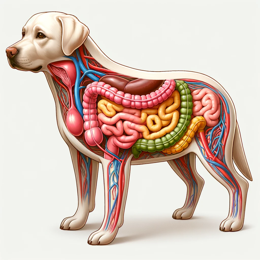 dall·e 2024 04 04 19.29.42 illustrate the digestive system of a labrador in a clean educational style focusing on the anatomy of the stomach and intestines. the image should b