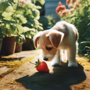 dall·e 2024 04 05 07.26.26 a small dog carefully sniffing a strawberry on the ground showing curiosity and interest. the scene is set in a well maintained garden during the da