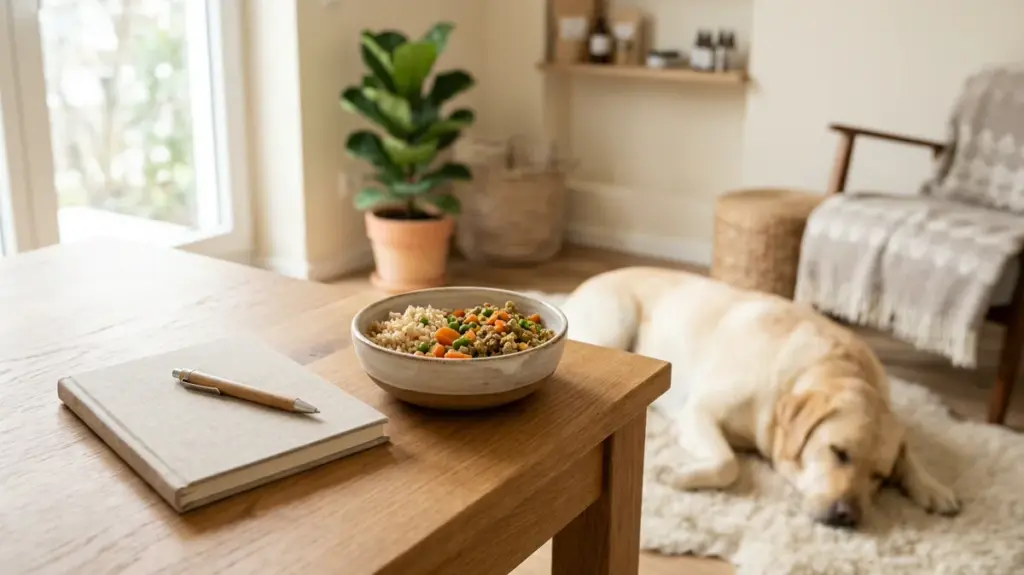 Napf mit leicht verdaulichem Futter und Notizbuch neben einem ruhig liegenden Hund