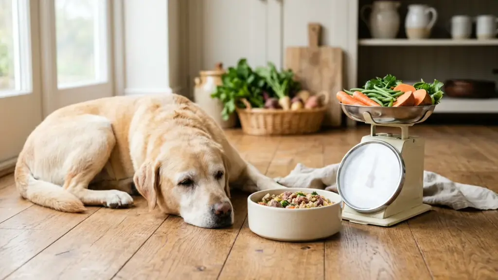 Älterer Hund liegt neben Futternapf und Küchenwaage in einer hellen Küche